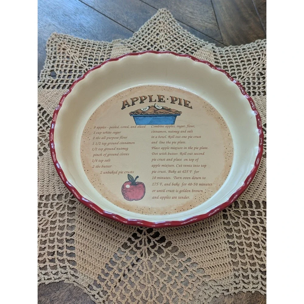 Vintage 2005 Apple Pie Recipe Scalloped Red Rim Pie Dish 10.5in
